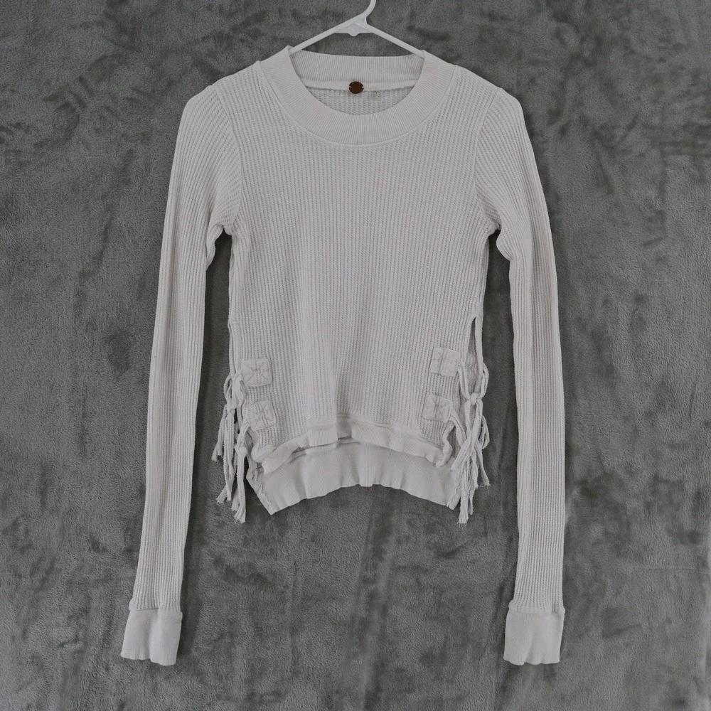 Free People One Cropped‎ Interlaken Waffle Knit Top Womens XS White Side Lace Up